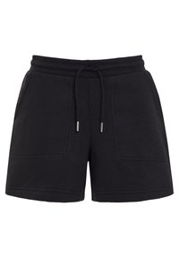 Pantaloni corti neri in felpa di cotone morbido con vita regolabile, caratterizzati da due tasche frontali e dettagli di cucitura a texture.