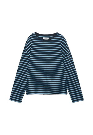 Chemise noire à manches longues avec des rayures horizontales bleu clair et un col rond, posée à plat sur un fond blanc.