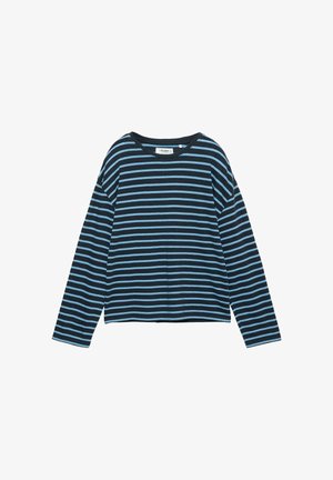 Črna majica z dolgimi rokavi z vodoravnimi svetlo modrimi črtami in zaobljenim izrezom, položena na ravno na belem ozadju.