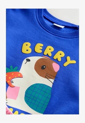 Sinine särk, millel on küülikupuuri pildiga, kes hoiab maasikat, ning sõna "BERRY" suure kollase kirjaga looma kohal.