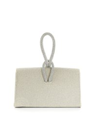 Beige stoffen handtas met een gestructureerd oppervlak en een zilveren metalen lus handvat. Rechthoekige vorm, minimalistisch ontwerp, geen zichtbare sluitingen.