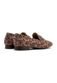 Leopard print loafers with a soft, suede-like texture, featuring a rounded toe and a small, stacked heel for support. Gold buckle detail.