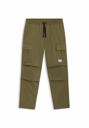 Olive green cargo pants with an elastic waistband, black drawstring, and multiple side pockets. Smooth fabric and relaxed, straight-leg fit.