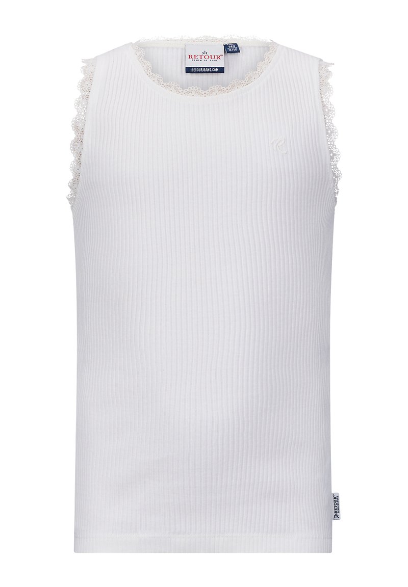Witte mouwloze top van ribbelstof. Voorzien van delicate kantafwerking bij de armsgaten en ronde hals. Klein logo op de voorkant.