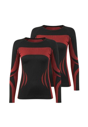 Two long-sleeve athletic shirts in black with red abstract patterns on chest, sides, and sleeves, displayed on a white background.