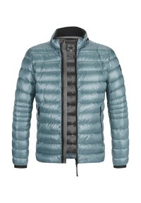 Helle blaue Steppjacke mit einem gesteppten Muster, ausgestattet mit einem schwarzen Reißverschluss, Stehkragen und elastischen Bündchen. Weiches, glänzendes Material.