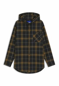 Flannel skjorte med et sort og sennepsgult ternet mønster, med hætte, knapper og en brystlomme. Blød tekstur med lange ærmer.