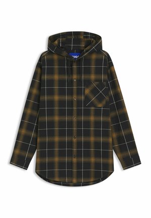 Flanellhemd mit einem schwarz-gelben Karomuster, ausgestattet mit einer Kapuze, Knöpfen und einer Brusttasche. Weicher Stoff mit langen Ärmeln.