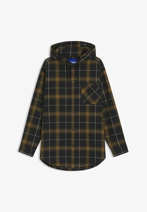 Skjorta i flanell med svart och senapsgul rutigt mönster, med huva, knappar och en bröstficka. Mjuk textur med långa ärmar.
