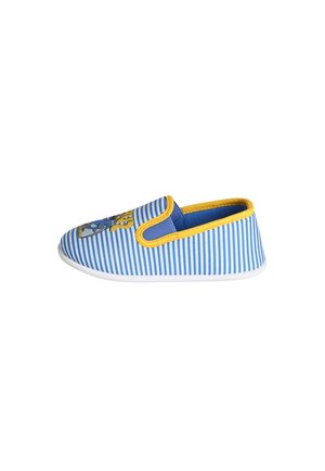 Blue and white striped children's slip-on shoe with yellow trim and cartoon character embroidery on top, flat white sole.