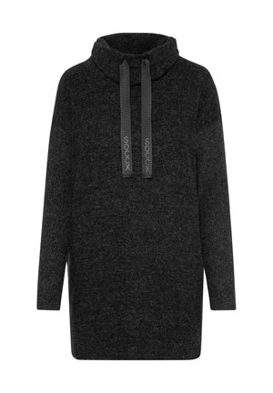 Vestito felpa oversize grigio scuro in un materiale morbido e texture. Presenta un collo a sciarpa alto e cordini regolabili con dettagli del logo.