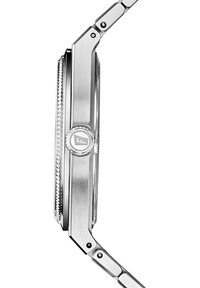 Montre-bracelet en acier inoxydable avec finition brossée, boîtier angulaire, lunette texturée et couronne ronde arborant un logo "F".