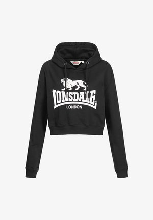 Zwarte cropped hoodie met trekkoorden, voorzien van een wit Lonsdale London-logo en een grafiek van een brullende leeuw op de borst.