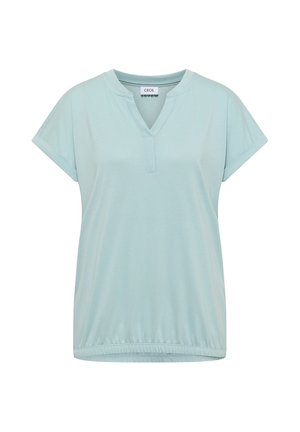 Hellblaue kurzärmelige Bluse mit V-Ausschnitt, elastischem Saum und Markenetikett "Cecil" innen im Kragen.