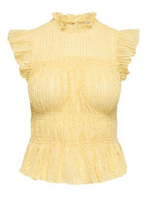 Gele gestructureerde mouwloze blouse met gerimpelde schouders, hoge halslijn, geplooide taille en peplumzoom.