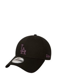 Black cap made of fabric with a structured crown. Features a purple "LA" logo embroidered on the front and a curved brim.