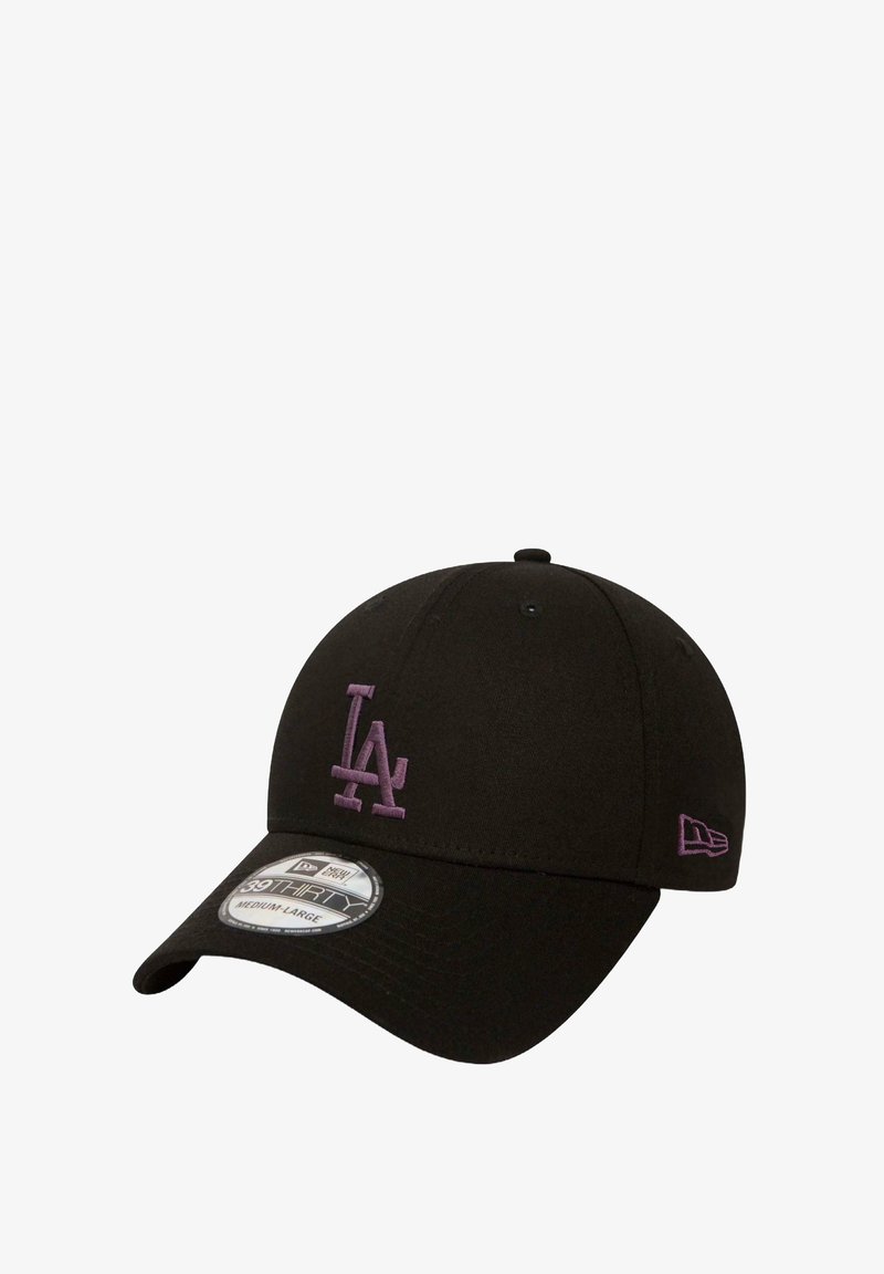 Black cap made of fabric with a structured crown. Features a purple "LA" logo embroidered on the front and a curved brim.