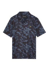 Camicia nera a maniche corte con un motivo astratto blu, dotata di colletto a punta, chiusura con bottoni e un piccolo logo di un uccellino giallo.