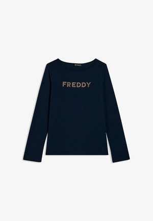 Camisa de manga larga azul marino con cuello redondo y la palabra "FREDDY" escrita en pequeñas piedritas doradas en el pecho.