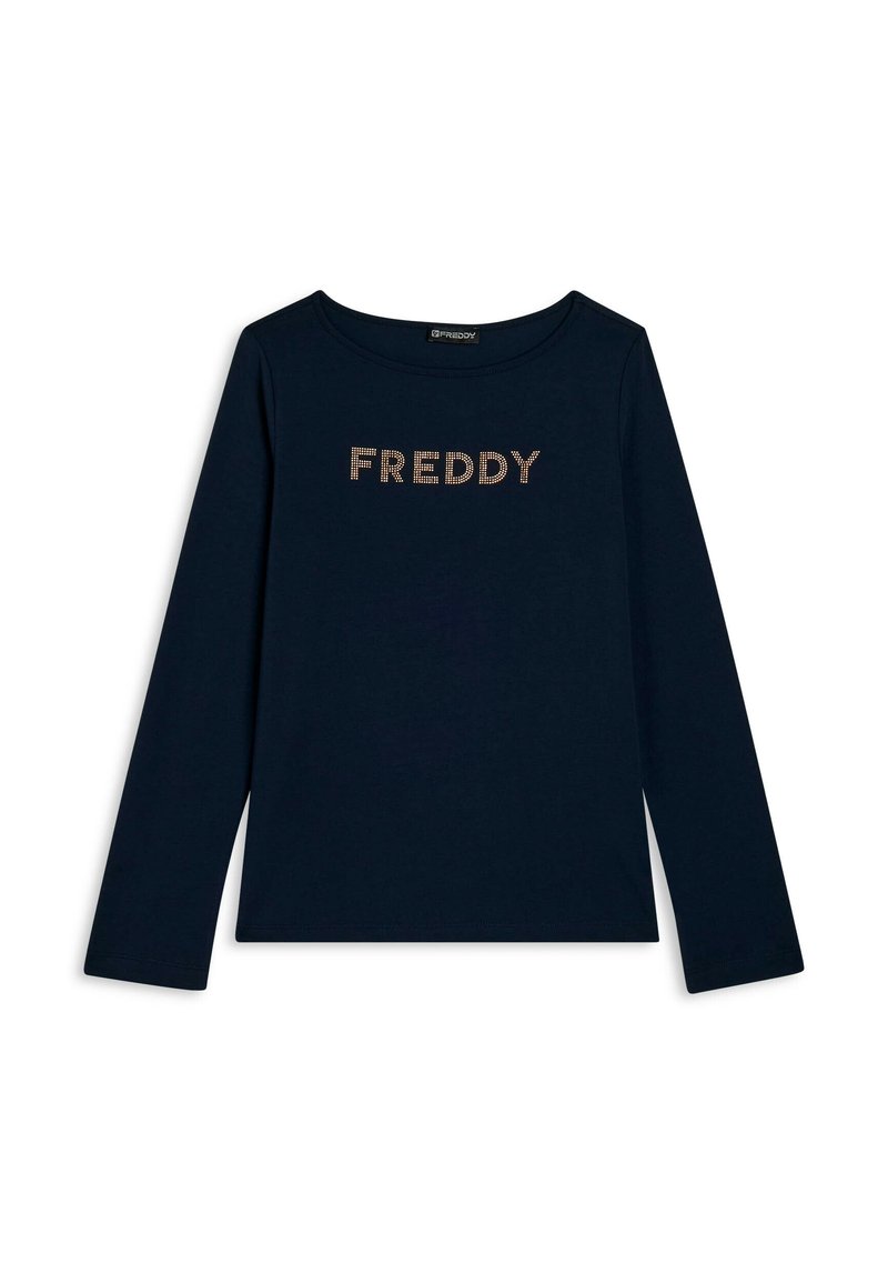 Maglietta a maniche lunghe blu navy con scollo rotondo e la scritta "FREDDY" in piccoli strass dorati sul petto.