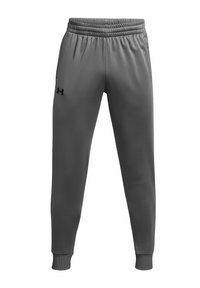 Pantalones deportivos grises con cintura elástica y puños acanalados. Fabricados con un tejido suave que presenta un pequeño logo negro en el lado izquierdo.