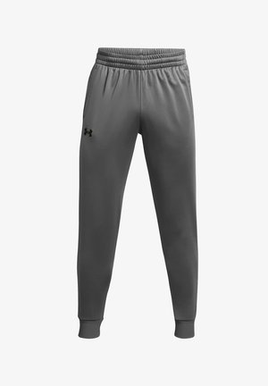 Grå atletiske bukser med elastisk talje og ribbede manchetter. Fremstillet af glat stof med et lille sort logo på venstre side.