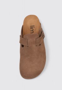 Zuecos de ante marrón con punta cerrada, suela plana y una sola correa ajustable en el empeine. Logo visible en la plantilla.