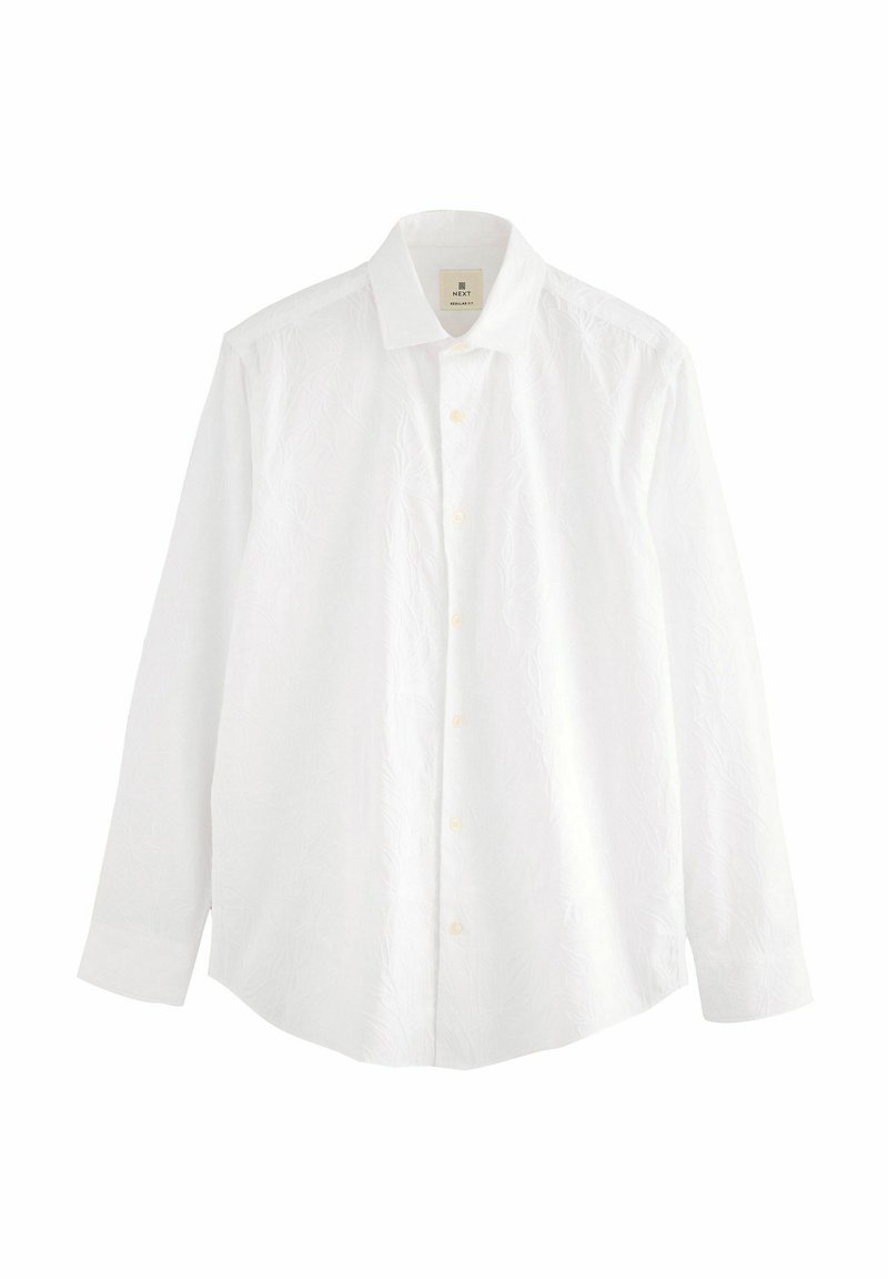 Witte lange mouwen shirt met een gestructureerd bloemenpatroon, kraag en knopenfront met gele knopen. Zachte stof en een relaxte pasvorm.