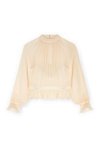 Blusa a maniche corte color crema realizzata in tessuto leggero. Presenta un design plissettato, collo alto e orlo arricciato con polsini con volant.