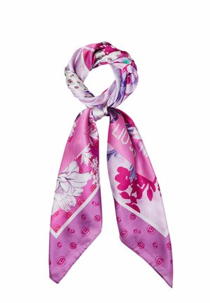 Roze en paarse bloemen zijden sjaal met witte accenten, gestrikt in een lus met twee hangende uiteinden.