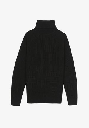 Črni pulover z visokim ovratnikom, z teksturiranim pletenim dizajnom, dolgimi raglan rokavi ter rebrastimi manšetami in robom za udobno prileganje.