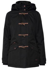 Schwarze wasserdichte Jacke mit Kapuze, ausgestattet mit Holztoggle-Verschlüssen, elastischen Bündchen und seitlichen Taschen mit Knopfverschlüssen.