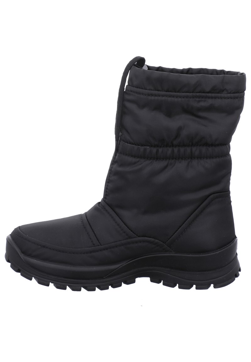Bota de invierno negra aislante con un diseño acolchado, que cuenta con un borde superior ajustable con cordón, suela de goma y parte superior texturizada para un mejor agarre.