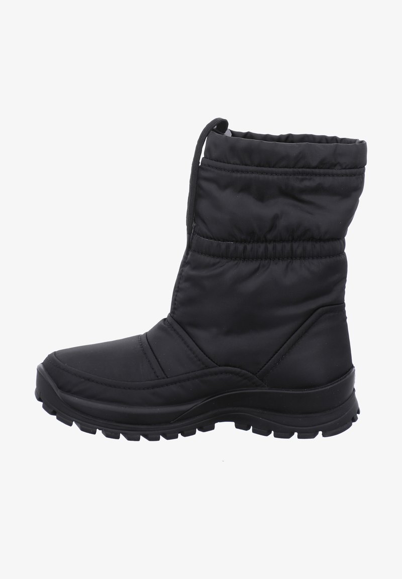 Black insulated winter boot with a quilted design, featuring a drawstring top, rubber sole, and textured upper for grip.