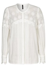 Witte blouse met een gestructureerd gestreept lijfje, geborduurde bloemenkant bij de hals en decoratieve kant bij de mouwen. Voorzijde met knoopsluiting.