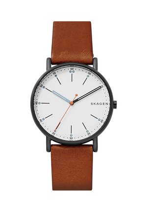 Round watch with white face, black case, brown leather strap, black hour and minute markers, blue hour hand, black minute hand, orange second hand.