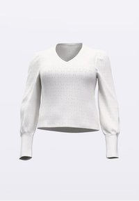 Valge kudumiga kampsun V-kaelusega, pikkade punnikute varrukatega ja mustriline tekstuur, kus on teemantkujud. Sile materjal ja lühendatud lõige.