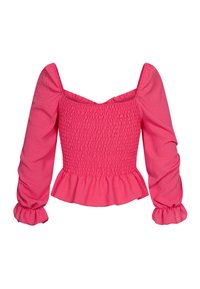 Roze blouse met smockwerk, lange pofmouwen, vierkante halslijn en gerimpelde zoom, gemaakt van lichtgewicht stof met een zachte textuur.