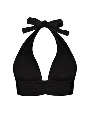 Czarny bikini z halter neck i zapięciem na wstążkę, trójkątne miseczki, marszczony pod spodem i gładka tekstura. Idealne na strój kąpielowy lub na plażę.