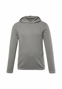 Grauer langärmeliger Kapuzenpulli aus strukturiertem Material. Verfügt über ein einfaches Design mit einem halben Reißverschluss und einer verstellbaren Kapuze. Keine Muster oder Akzente.