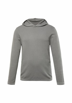 Grauer langärmeliger Kapuzenpulli aus strukturiertem Material. Verfügt über ein einfaches Design mit einem halben Reißverschluss und einer verstellbaren Kapuze. Keine Muster oder Akzente.