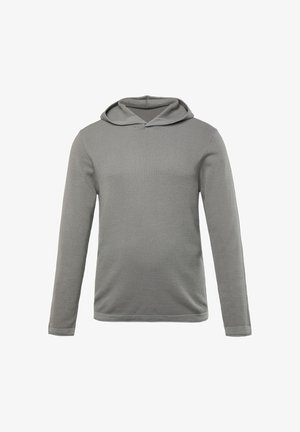 Felpa grigia a maniche lunghe realizzata in tessuto strutturato; presenta un design semplice con cappuccio con coulisse e polsini a costine.