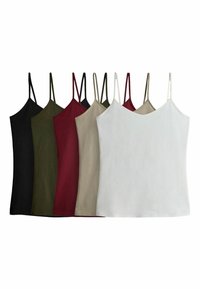 Set von sechs Spaghetti-Träger-Tops in Schwarz, Grün, Kastanienbraun, Beige und Weiß. Jedes Top hat dünne, verstellbare Träger und eine glatte Stofftextur.