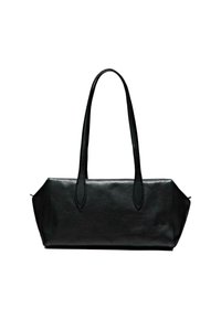 Borsa a mano in pelle nera con due lunghe maniglie, forma rettangolare, texture liscia e angoli inferiori angolari. Nessun hardware o motivi visibili.