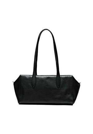 Borsa a mano in pelle nera con due lunghe maniglie, forma rettangolare, texture liscia e angoli inferiori angolari. Nessun hardware o motivi visibili.