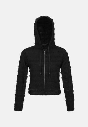 Μαύρο φούτερ με φερμουάρ, με οριζόντιες υφασμάτινες ρίγες και κορδόνια στη κουκούλα, απεικονίζεται πάνω σε απλό φόντο.