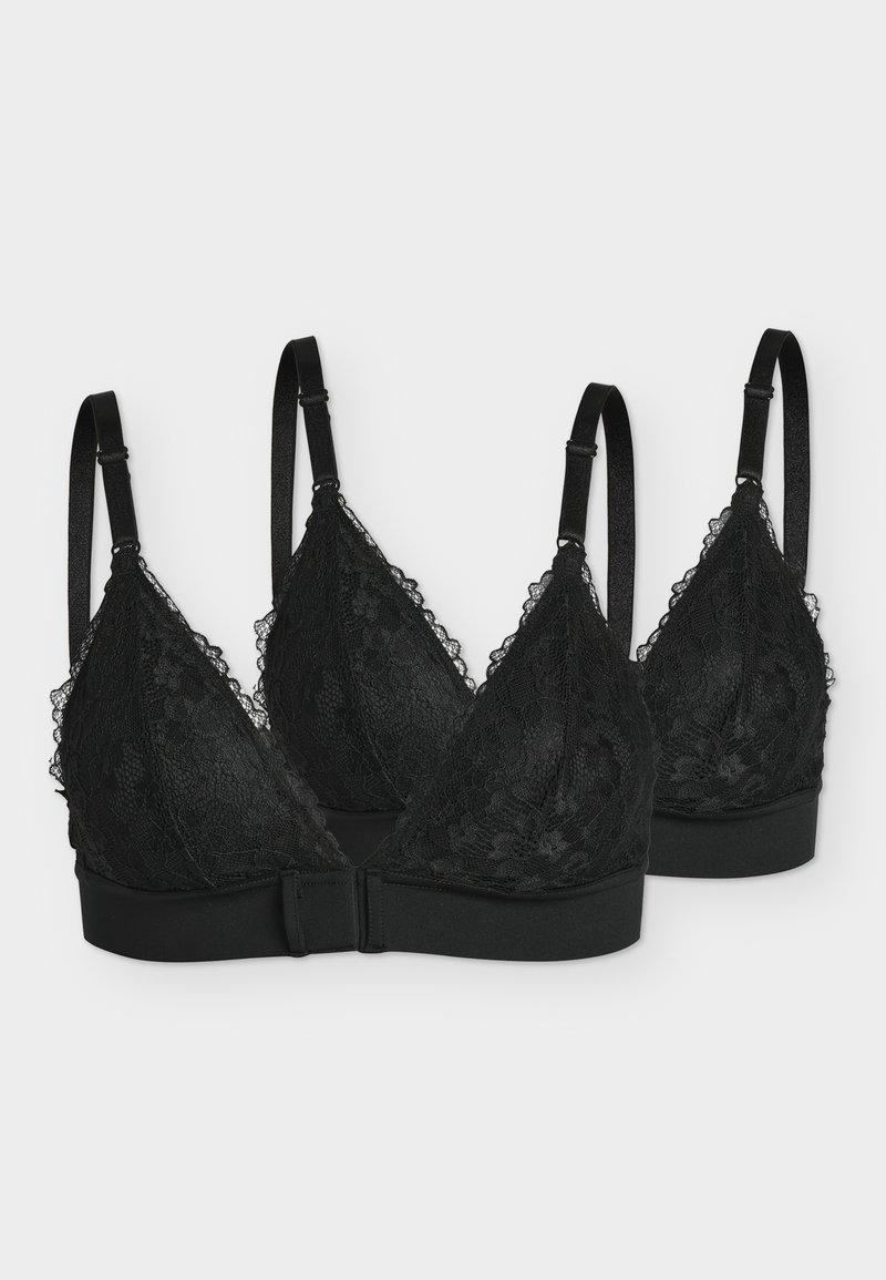 Δύο μαύρα δαντελωτά bralettes με ρυθμιζόμενους ιμάντες και μπροστινά κλεισίματα με άγκιστρα, εμφανίζονται σε ανοιχτό γκρι φόντο.