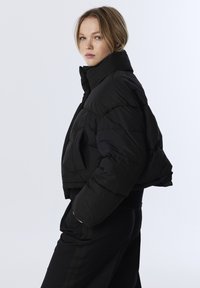 Veste courte en duvet noire avec un col haut, des coutures horizontales et des poches latérales. Fabriquée en matériau synthétique avec une texture lisse.