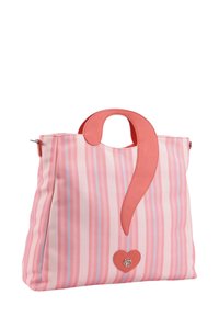 Borsa tote in tela a righe rosa e azzurro chiaro, con un accento in pelle corallo a forma di punto interrogativo e un dettaglio con logo a forma di cuore.