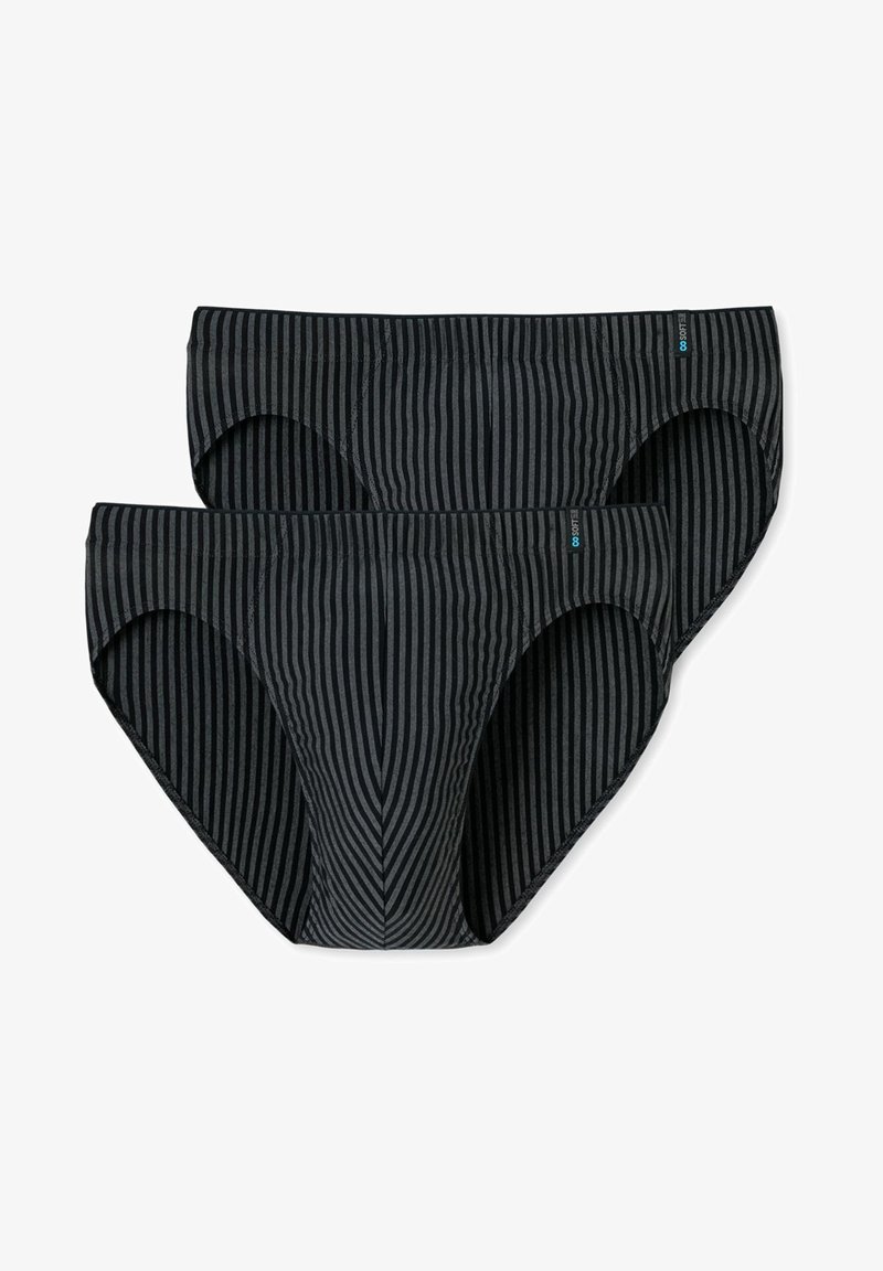 Zwart en donkergrijs gestreepte slips, gemaakt van zacht stof. Voorzien van een lage taille en een elastische tailleband. Inclusief twee paar.